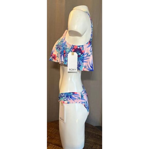 Roxy NWT Pink Hawaiian Flower 2 Piece New Bikini Swimsuit Flutter Top Small - Picture 5 of 16